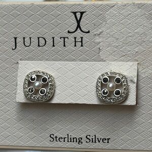 Judith Jack Sterling Silver Pierced earrings w/Pearl,Marcasite,Crystals-New-3/8”